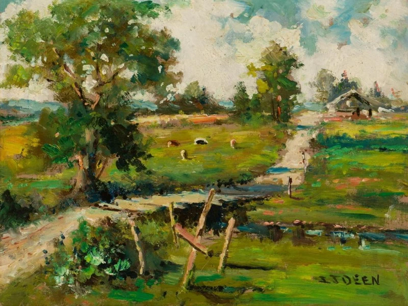 1874-Ira J. Deen - Scena pastorale con mucche al pascolo lungo un ruscello